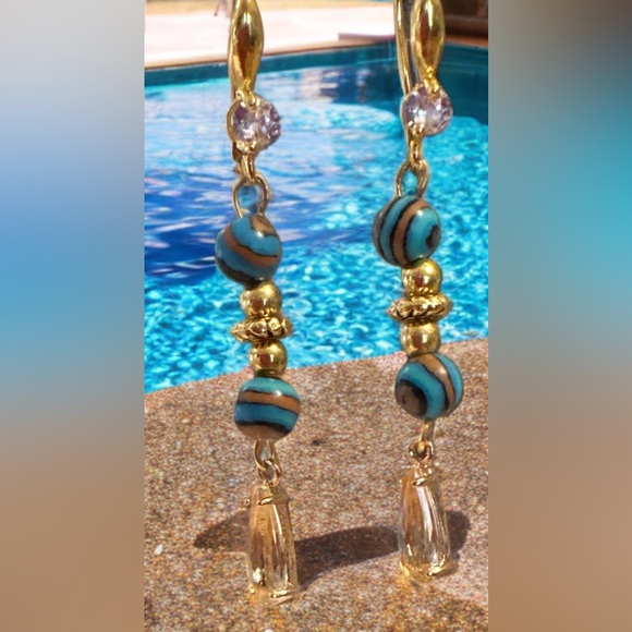 Blue Malachite Beaded Earrings-18K Gold Plated Hooks - Picture 1 of 5
